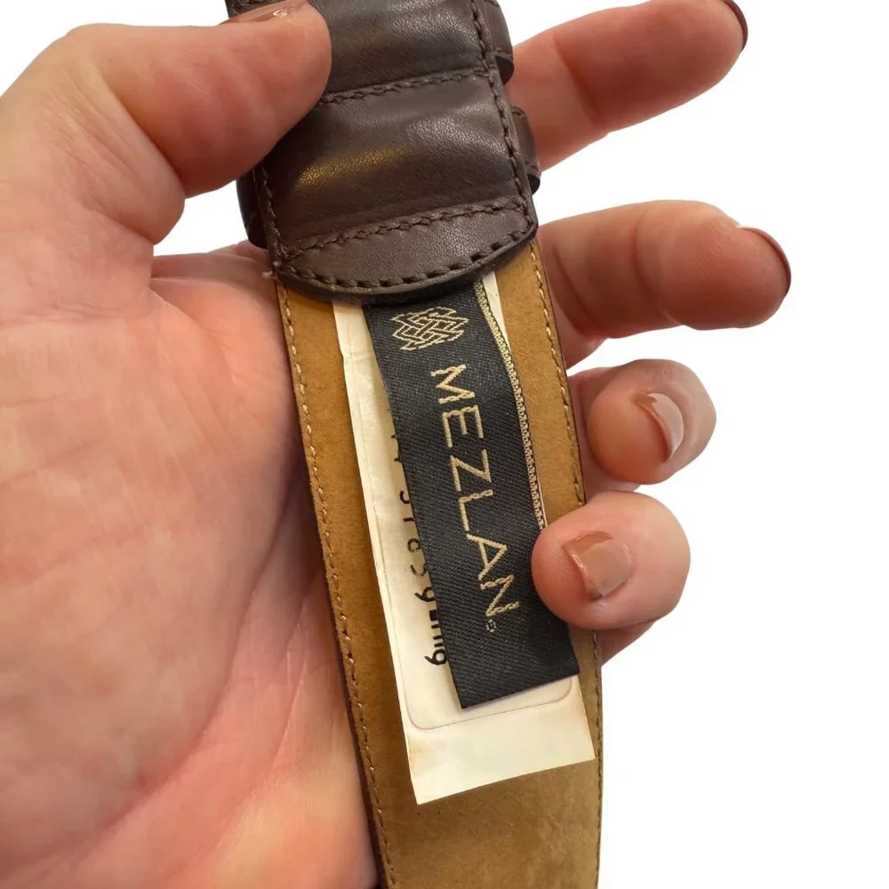 Mens Mezlan Dark Brown Leather Belt Pewter Tone Hardware‎ sz M 32 Spain